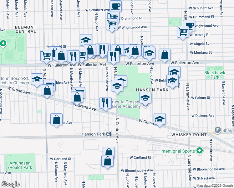 map of restaurants, bars, coffee shops, grocery stores, and more near 2231 North Central Avenue in Chicago