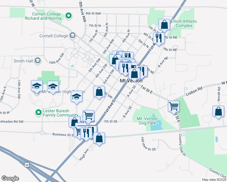 map of restaurants, bars, coffee shops, grocery stores, and more near 307 1st Avenue South in Mount Vernon