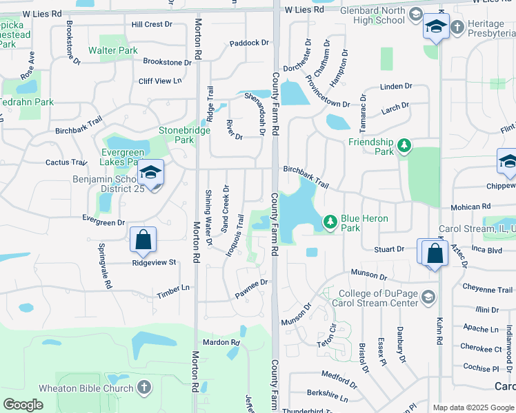 map of restaurants, bars, coffee shops, grocery stores, and more near 707 Cimarron Drive in Carol Stream