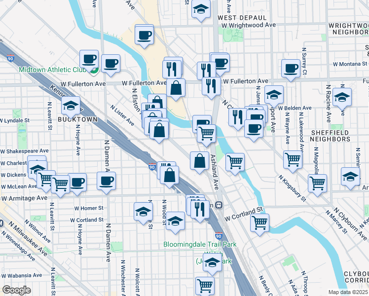 map of restaurants, bars, coffee shops, grocery stores, and more near 2155 North Elston Avenue in Chicago