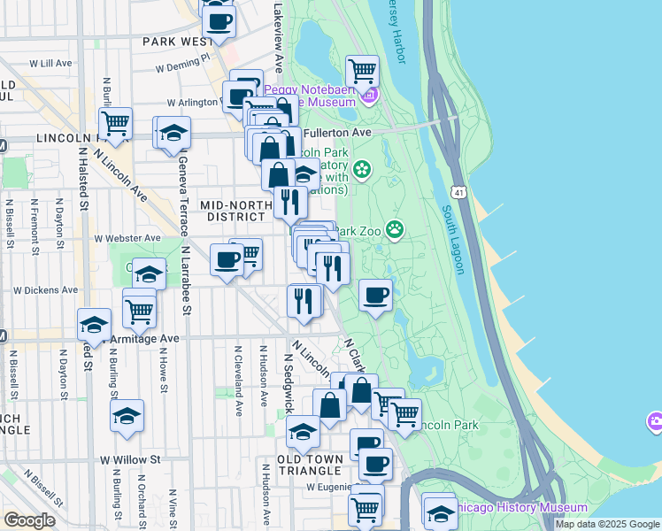 map of restaurants, bars, coffee shops, grocery stores, and more near 2100 North Lincoln Park West in Chicago