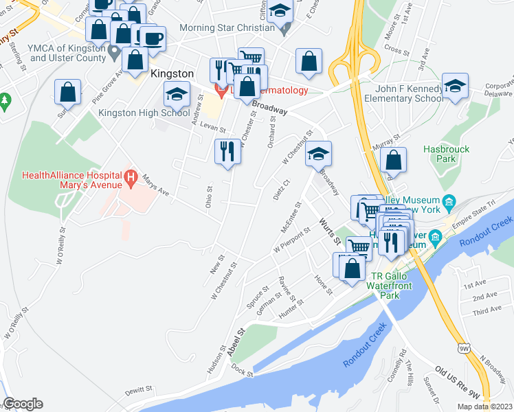 map of restaurants, bars, coffee shops, grocery stores, and more near W Chestnut St & Augusta St in Kingston