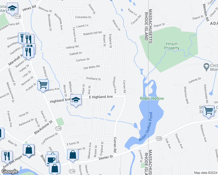 map of restaurants, bars, coffee shops, grocery stores, and more near 295 England Street in Cumberland