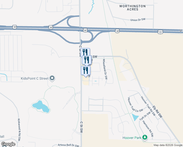 map of restaurants, bars, coffee shops, grocery stores, and more near 5735 Muirfield Drive Southwest in Cedar Rapids