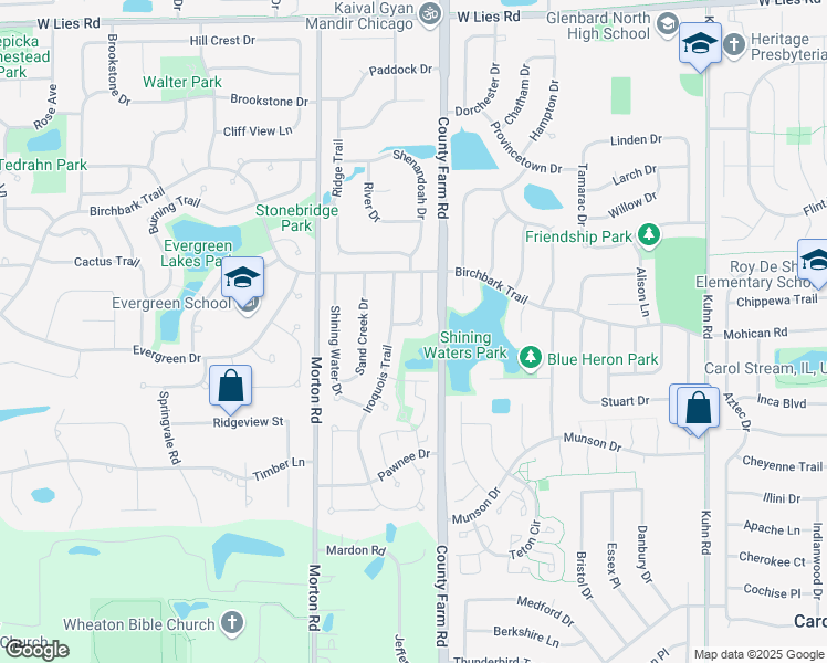 map of restaurants, bars, coffee shops, grocery stores, and more near 707 Cimarron Drive in Carol Stream