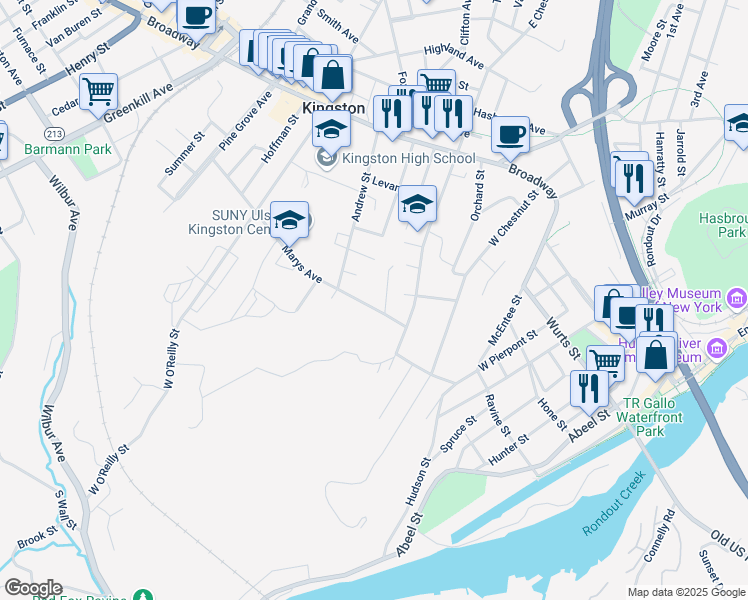 map of restaurants, bars, coffee shops, grocery stores, and more near 36 Ohio Street in Kingston