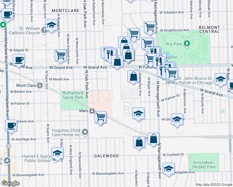 map of restaurants, bars, coffee shops, grocery stores, and more near 6650 West Belden Avenue in Chicago