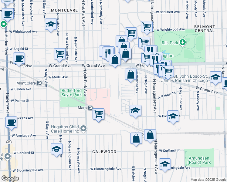 map of restaurants, bars, coffee shops, grocery stores, and more near 6650 West Belden Avenue in Chicago