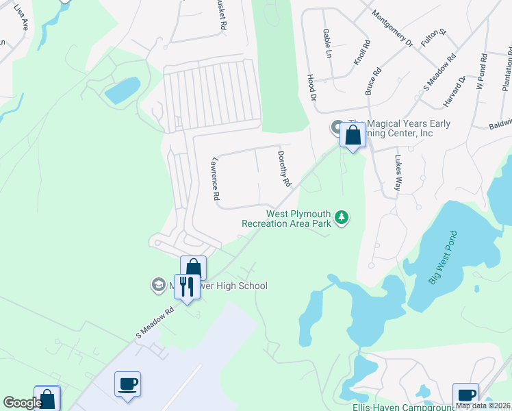map of restaurants, bars, coffee shops, grocery stores, and more near 9 Lawrence Road in Plymouth