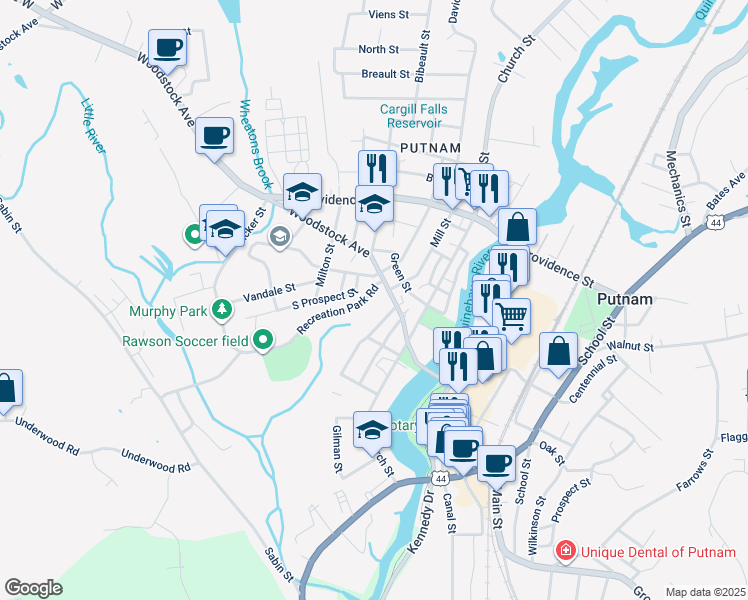 map of restaurants, bars, coffee shops, grocery stores, and more near 39 Recreation Park Road in Putnam