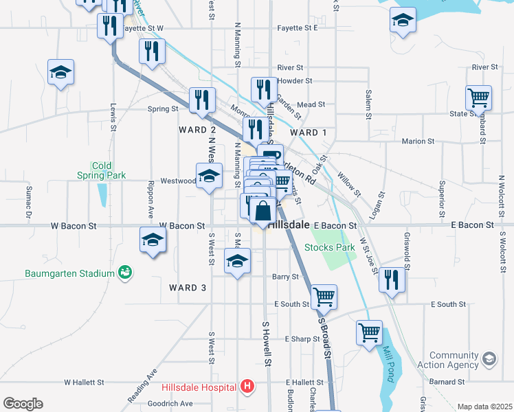 map of restaurants, bars, coffee shops, grocery stores, and more near 22 North Howell Street in Hillsdale