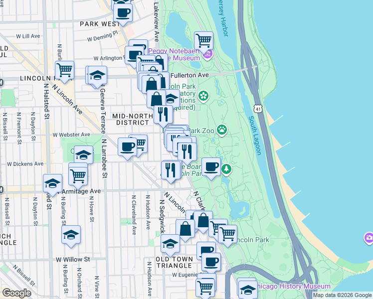 map of restaurants, bars, coffee shops, grocery stores, and more near 2100 North Lincoln Park West in Chicago