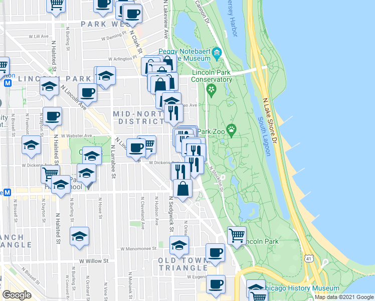 map of restaurants, bars, coffee shops, grocery stores, and more near in Chicago