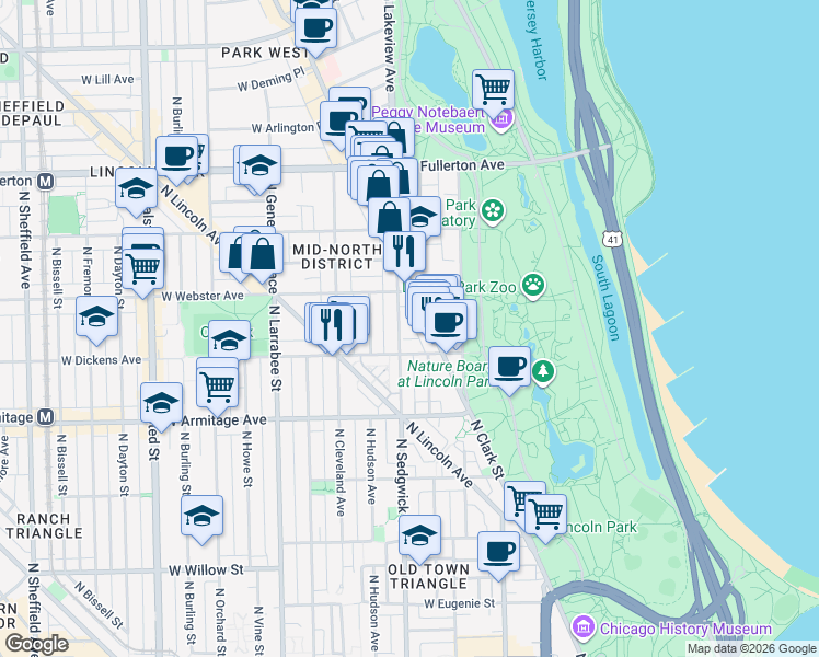 map of restaurants, bars, coffee shops, grocery stores, and more near 2114 North Sedgwick Street in Chicago