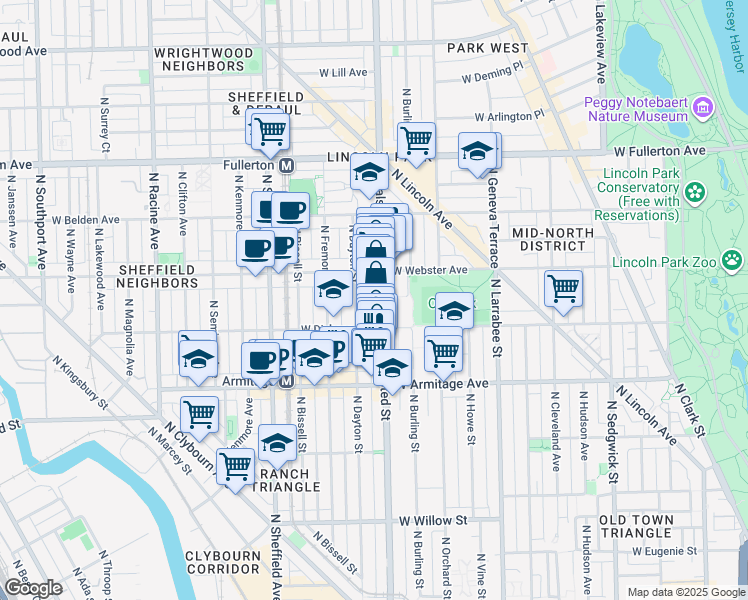 map of restaurants, bars, coffee shops, grocery stores, and more near 2115 North Dayton Street in Chicago