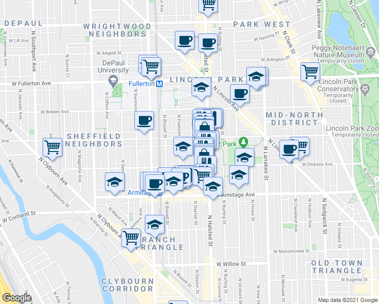 map of restaurants, bars, coffee shops, grocery stores, and more near 2115 North Dayton Street in Chicago