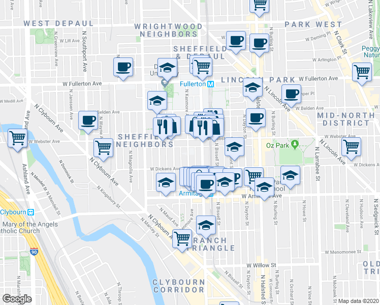 map of restaurants, bars, coffee shops, grocery stores, and more near in Chicago