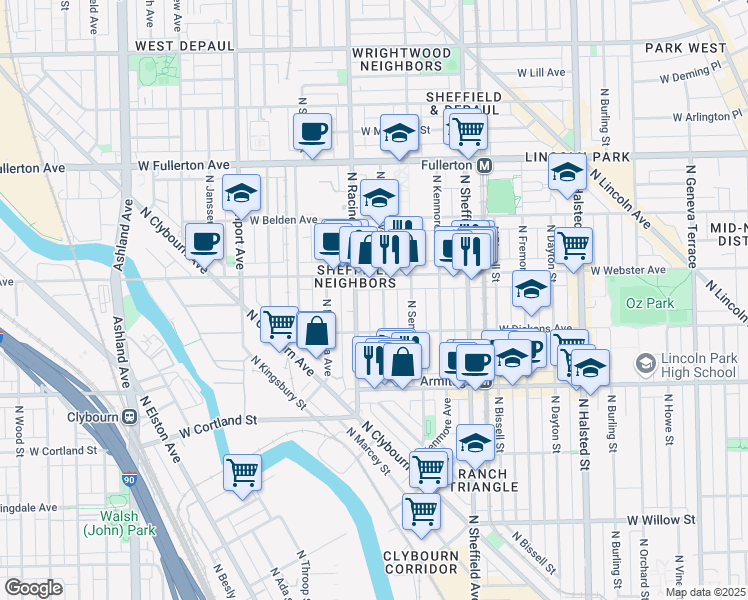 map of restaurants, bars, coffee shops, grocery stores, and more near 2119 North Clifton Avenue in Chicago