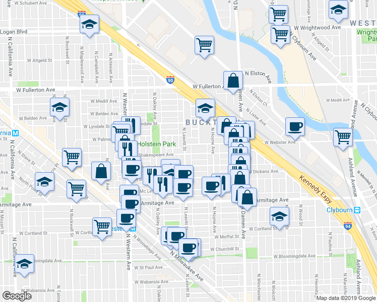 map of restaurants, bars, coffee shops, grocery stores, and more near 2115 North Leavitt Street in Chicago
