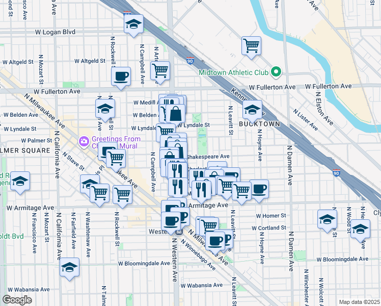 map of restaurants, bars, coffee shops, grocery stores, and more near in Chicago