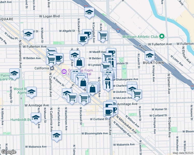 map of restaurants, bars, coffee shops, grocery stores, and more near 2517 West Shakespeare Avenue in Chicago