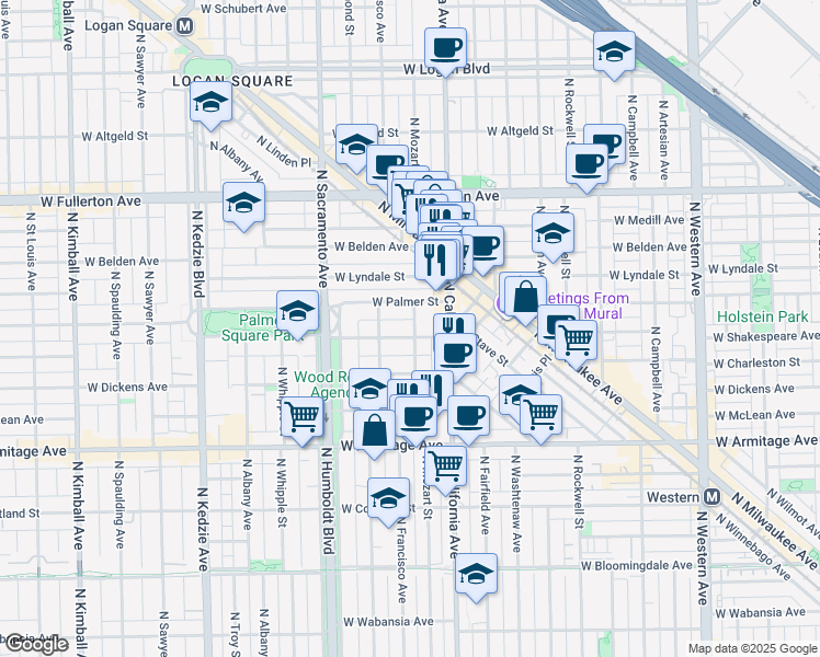 map of restaurants, bars, coffee shops, grocery stores, and more near 2845 West Shakespeare Avenue in Chicago