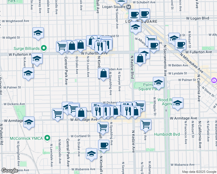 map of restaurants, bars, coffee shops, grocery stores, and more near 2150 North Spaulding Avenue in Chicago