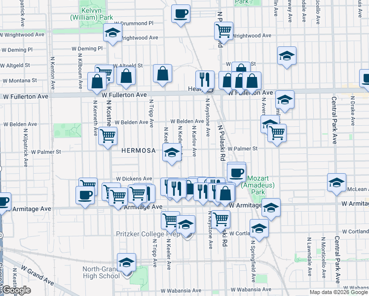 map of restaurants, bars, coffee shops, grocery stores, and more near 2150 North Kedvale Avenue in Chicago