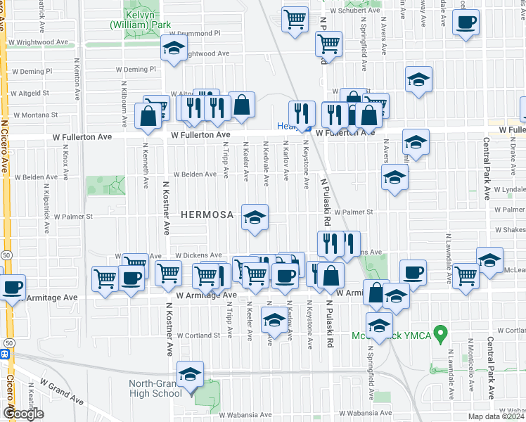 map of restaurants, bars, coffee shops, grocery stores, and more near 2150 North Kedvale Avenue in Chicago