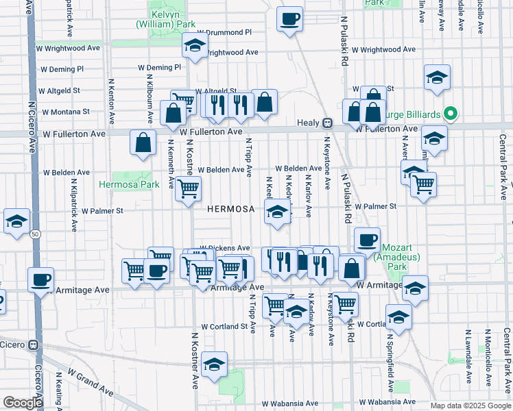 map of restaurants, bars, coffee shops, grocery stores, and more near 2150 North Keeler Avenue in Chicago