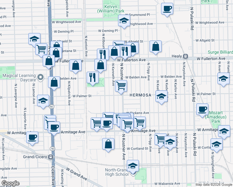 map of restaurants, bars, coffee shops, grocery stores, and more near 2154 North Kenneth Avenue in Chicago
