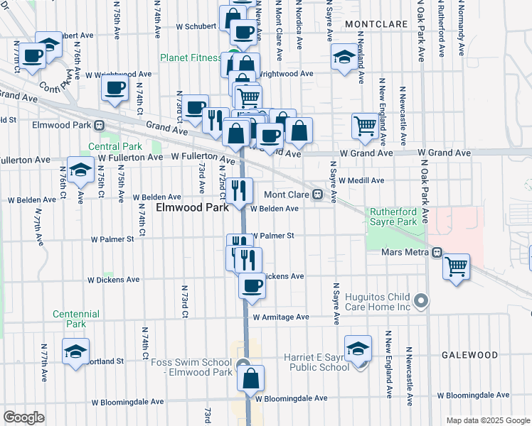 map of restaurants, bars, coffee shops, grocery stores, and more near 2221 North Harlem Avenue in Chicago