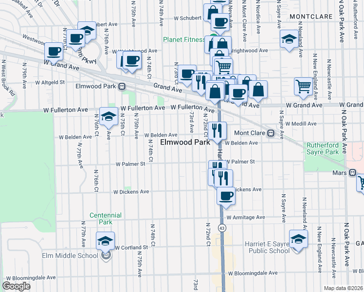map of restaurants, bars, coffee shops, grocery stores, and more near 2216 North 73rd Court in Elmwood Park