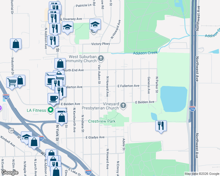 map of restaurants, bars, coffee shops, grocery stores, and more near 734 North Emroy Avenue in Elmhurst