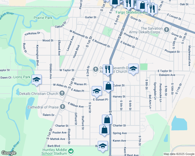 map of restaurants, bars, coffee shops, grocery stores, and more near 825 Lacas Street in DeKalb