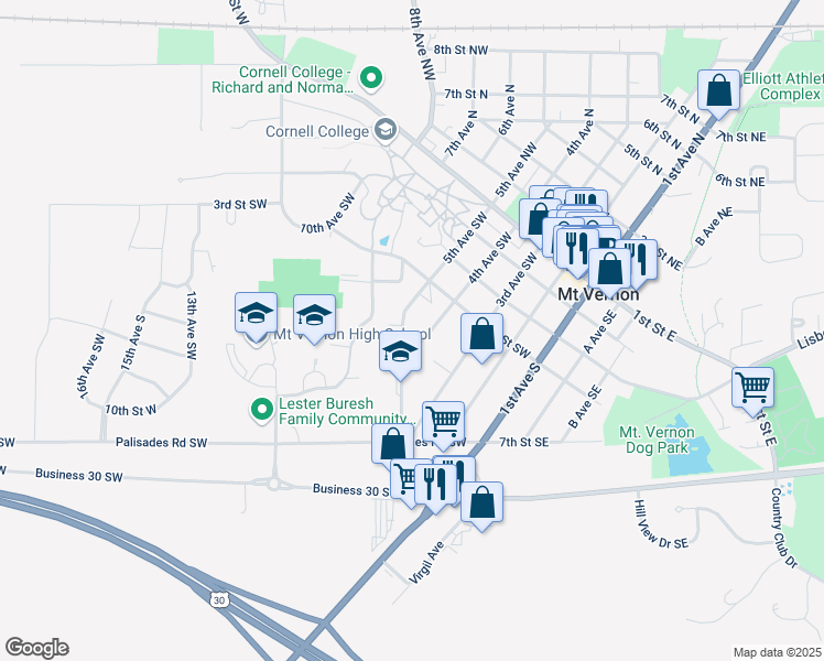 map of restaurants, bars, coffee shops, grocery stores, and more near 610 4th Ave S in Mt Vernon