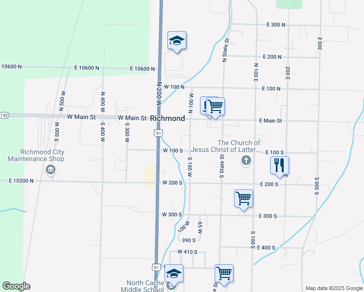 map of restaurants, bars, coffee shops, grocery stores, and more near 90 West 100 South in Richmond