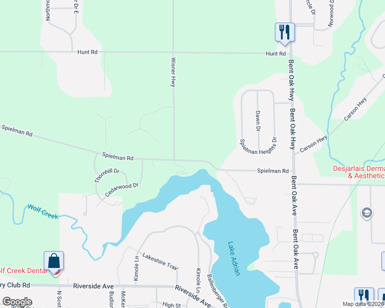 map of restaurants, bars, coffee shops, grocery stores, and more near 2940 Spielman Road in Adrian