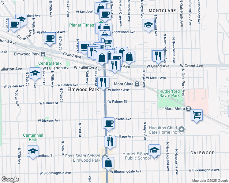 map of restaurants, bars, coffee shops, grocery stores, and more near 2221 North Harlem Avenue in Chicago