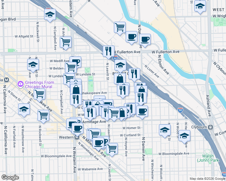 map of restaurants, bars, coffee shops, grocery stores, and more near 2115 North Leavitt Street in Chicago