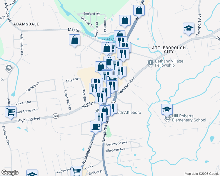 map of restaurants, bars, coffee shops, grocery stores, and more near 275 Washington Street in Attleboro