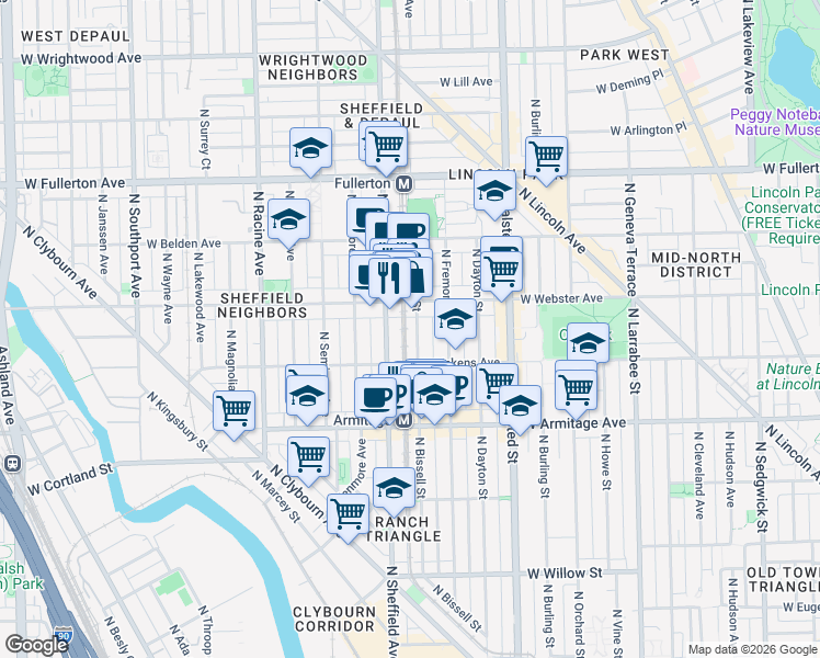 map of restaurants, bars, coffee shops, grocery stores, and more near 2134 North Bissell Street in Chicago
