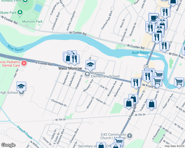 map of restaurants, bars, coffee shops, grocery stores, and more near 654 Western Avenue in Monroe