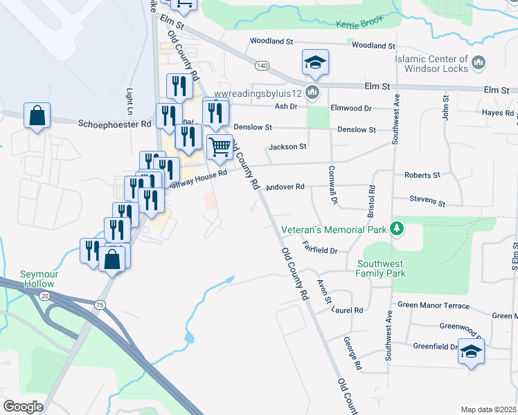 map of restaurants, bars, coffee shops, grocery stores, and more near 125 Old County Road in Windsor Locks