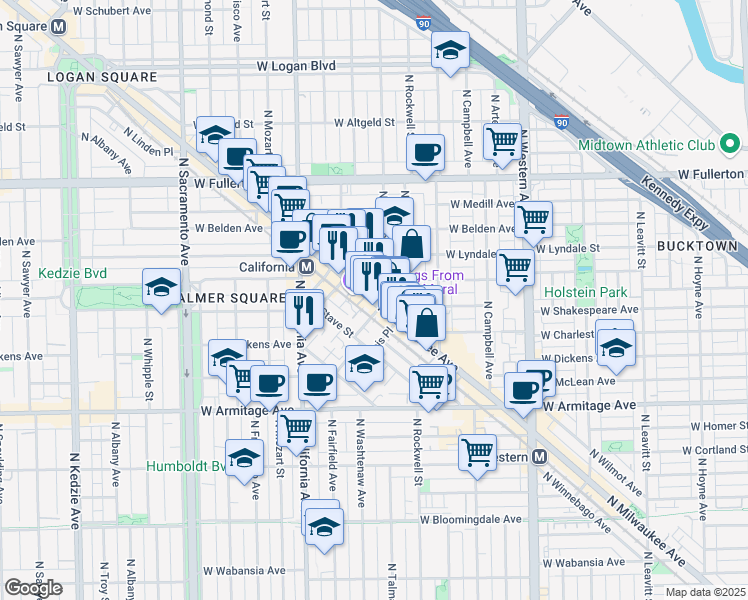 map of restaurants, bars, coffee shops, grocery stores, and more near 2211 North Milwaukee Avenue in Chicago