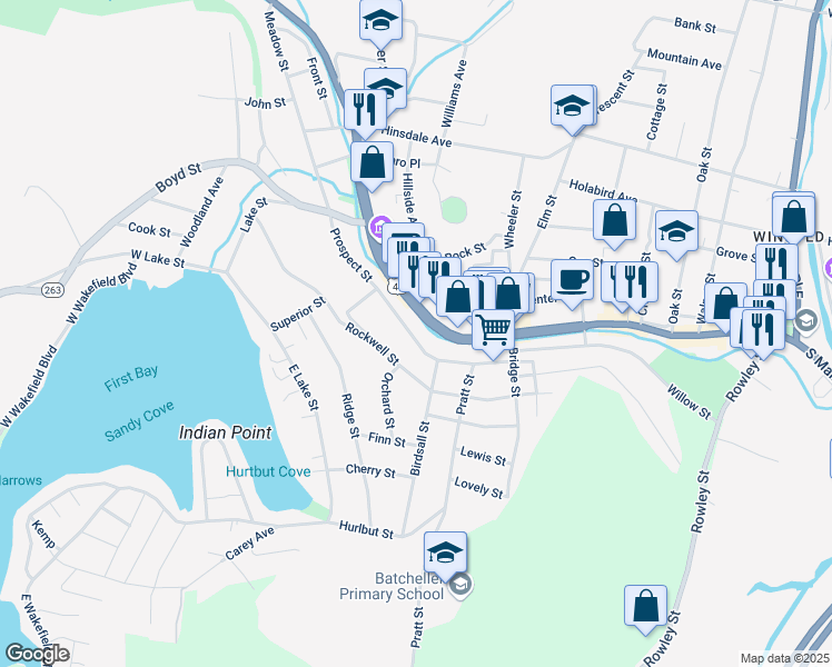 map of restaurants, bars, coffee shops, grocery stores, and more near 58 Prospect Street in Winsted