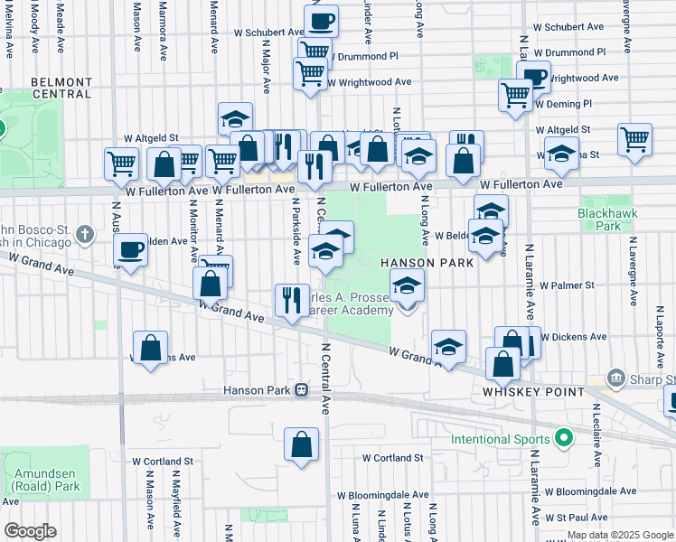 map of restaurants, bars, coffee shops, grocery stores, and more near 2231 North Central Avenue in Chicago