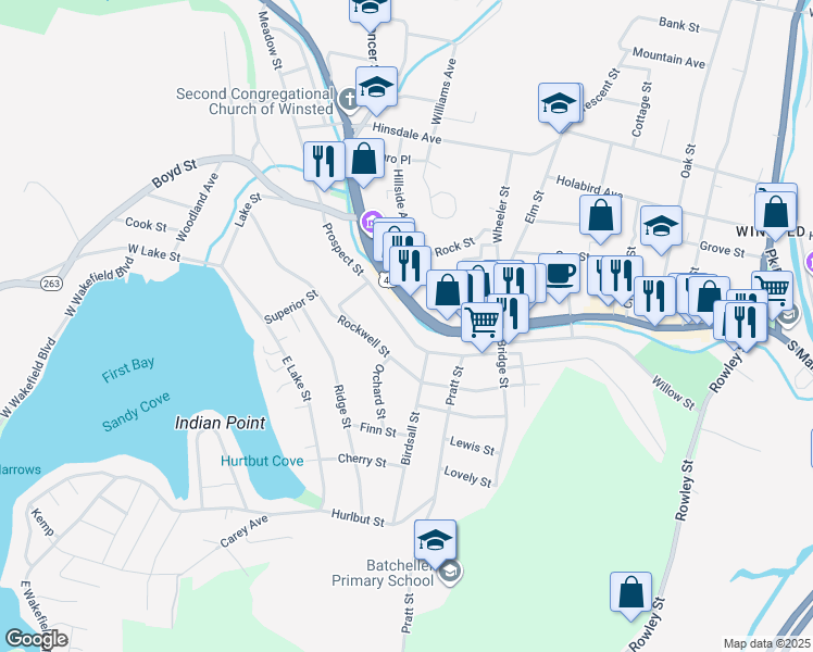 map of restaurants, bars, coffee shops, grocery stores, and more near 58 Prospect Street in Winsted