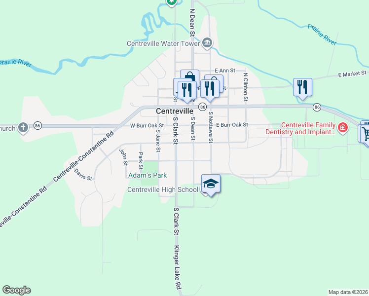 map of restaurants, bars, coffee shops, grocery stores, and more near 334 South Dean Street in Centreville