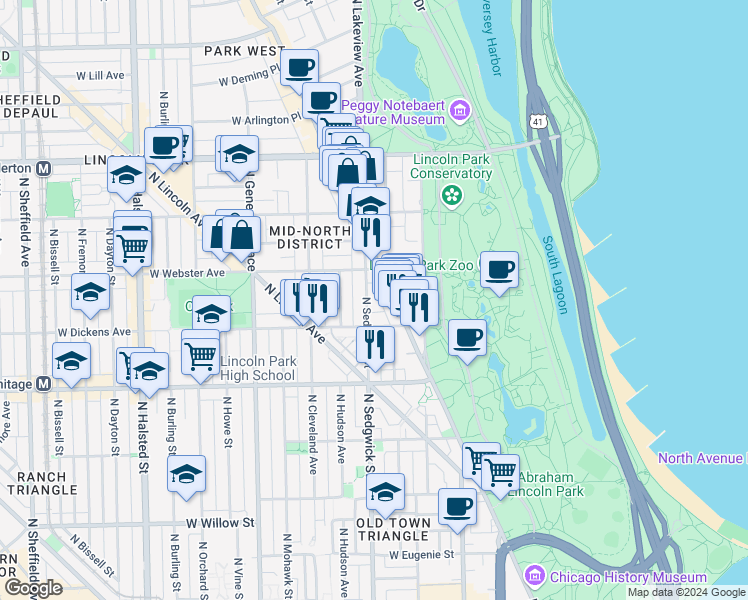 map of restaurants, bars, coffee shops, grocery stores, and more near 2114 North Sedgwick Street in Chicago